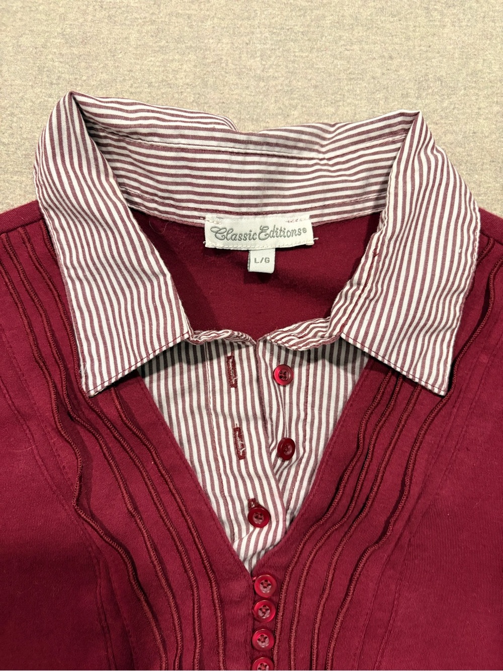 Vintage Layered-Look V-Neck Fooler Sweater with Striped Collar - Burgundy. Large - Picture 2 of 12